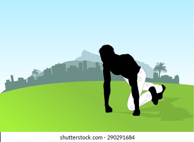 Sport in Rio de Janeiro. Vector Skyline illustration  with runnign man