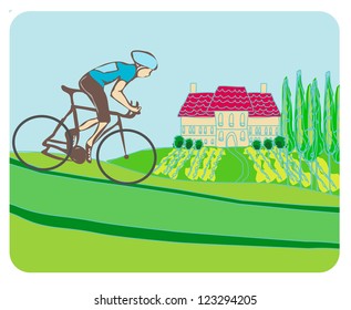 Sport road bike bicycle rider in wild nature landscape