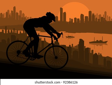 Sport road bike bicycle rider in skyscraper city landscape background illustration vector