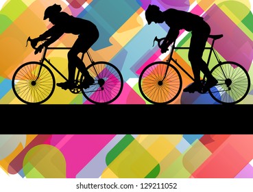 Sport road bike riders bicycle silhouettes in colorful abstract background vector illustration
