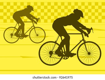 Sport road bike riders bicycle silhouettes in urban city road background illustration vector