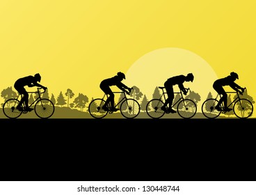 Sport road bike riders and bicycles detailed silhouettes in country wild forest nature landscape background illustration vector