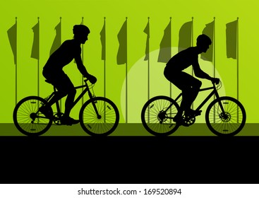 Sport road bike riders and bicycles detailed silhouettes in front of flags