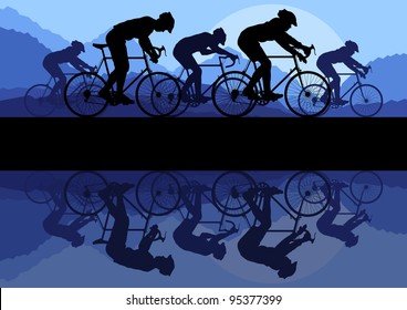 Sport road bike riders bicycles silhouettes in wild mountain nature landscape background illustration vector