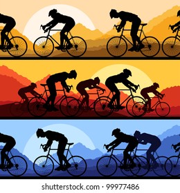 Sport road bike riders and bicycles detailed silhouettes collection in wild mountain nature landscape background illustration vector