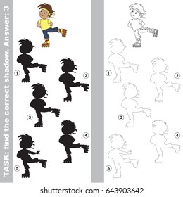 Sport Roller Boy with different shadows to find the correct one, compare and connect object with it true shadow, the educational kid game with simple gaming level.