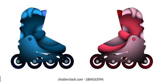 sport roller skates in blue and pink in cartoon paper style. Sports goods for extreme outdoor activities. Vector