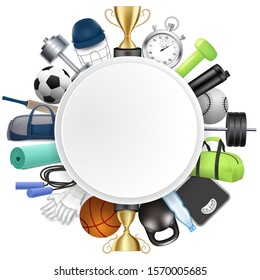 Sport round frame, vector realistic illustration. Fitness gym, soccer, cricket, basketball game championship card, label template with sports equipment and protective gear, copy space.