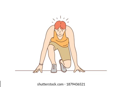 Sport, running, competition concept. Young man athlete sportsman sitting on start and ready to start running vector illustration. Competitive games and feeling energetic and powerful 