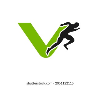 Sport Running Man Front View On Letter V Logo. Running man Silhouette Logo Template For Marathon, template