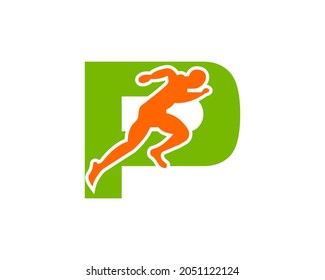 Sport Running Man Front View On Letter P Logo. Running man Silhouette Logo Template For Marathon, template