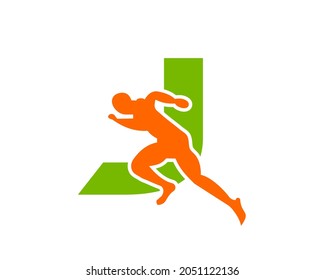 Sport Running Man Front View On Letter J Logo. Running man Silhouette Logo Template For Marathon, template, 