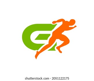 Sport Running Man Front View On Letter G Logo. Running man Silhouette Logo Template For Marathon, template