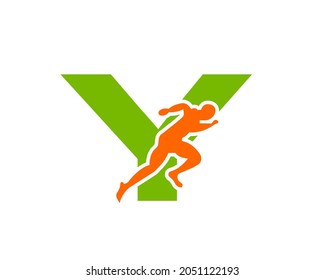 Sport Running Man Front View On Letter Y Logo. Running man Silhouette Logo Template For Marathon, template