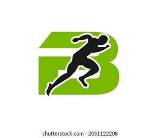 Sport Running Man Front View On Letter B Logo. Running man Silhouette Logo Template For Marathon, template