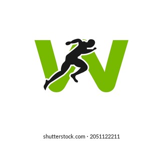 Sport Running Man Front View On Letter W Logo. Running man Silhouette Logo Template For Marathon, template, Sports Club 