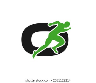 Sport Running Man Front View On Letter O Logo. Running man Silhouette Logo Template For Marathon, template, Sports Club 