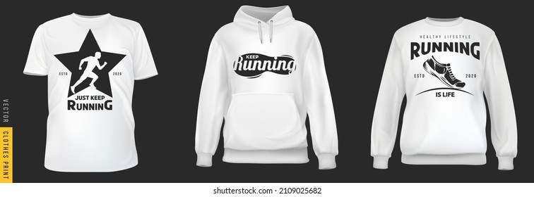 Impresión deportiva en marcha. Ponga realistas camisetas, sudaderas, telas base de caramelo aisladas en un simple fondo. Tragedia por marcar moda masculina o femenina. Diseñar plantilla casual. Ilustración vectorial 3d.