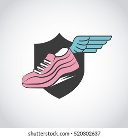 sport running shoues with wing over black shield and white background. colorful design. vector illustration