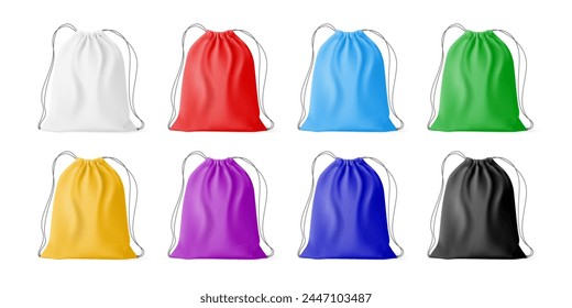 Sacos deportivos. Mochila realista del gimnasio en el cordón de la correa de la cuerda de nylon, mockup aislado del bolso del lazo para el mochila de los zapatos, bolso del bolso de la tela de la lavandería de hoy en día Ilustración vectorial de la mochila del bolso