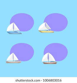 Sport sail yachts isolated labels with space for text. Luxury and speedy sailfishes vector illustration. Marine passenger cruise ships, worldwide yachting, sailboat race advertising tags.