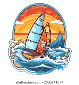 Sport sailing boats at sunset with stormy sky. cartoon vector illustration, label, sticker, white background