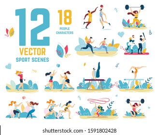 Sport Scenes Set with People Cartoon Characters. Powerlifting, Running, Doing Gymnastics and Acrobatics, Playing Football, Volleyball, Baseball, Basketball, Golf. Vector Flat Illustration
