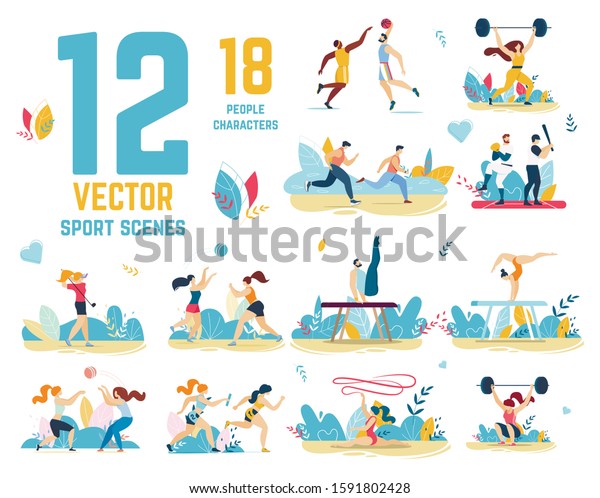 Sport Scenes Set with People Cartoon\
Characters. Powerlifting, Running, Doing Gymnastics and Acrobatics,\
Playing Football, Volleyball, Baseball, Basketball, Golf. Vector\
Flat Illustration