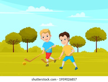 Sport School Club, Young Boys Playing Field Hockey On Grass With Sticks And Ball. Team Game For Kids