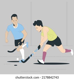 Sport School Club, Young Boys Playing Field Hockey On Grass With Sticks And Ball. Team Game For Kids. Beating Players Vector Concept. Two Hockey Players. Field Hockey Player Ready To Shoot