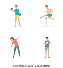 Sport school icons set cartoon vector. Teenager doing physical exercise. Fitness or physical training