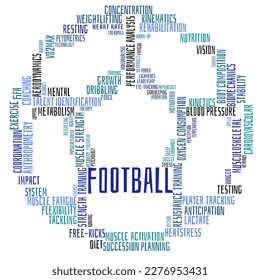 Sport science word cloud concept. Typography design text block. Composition of words for Football and sport science relevancy. Ball shape created from the text.