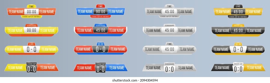 Sport score board with time and result display. Scoreboard broadcast graphic and lower thirds template for sport soccer, football, basketball, futsal. Art design lower thirds template. Vector.