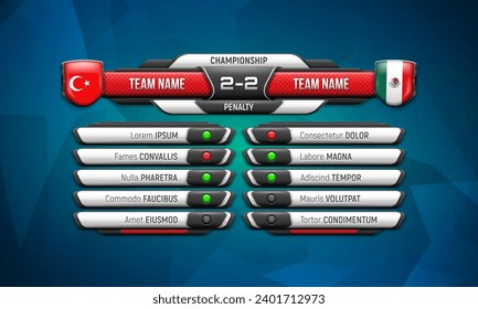 Sport scoreboard with player list and penalty result. Vector template for your design.