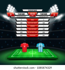 Sport scoreboard with team 1 vs team 2 on a stadium background. Vector template for your design.