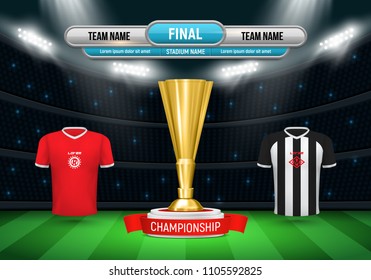 Sport scoreboard with team 1 vs team 2 on a stadium background. Vector template for your design.
