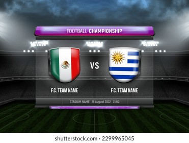 Sport scoreboard with team 1 vs team 2. Team logo on the background of the stadium. Vector template for your design.