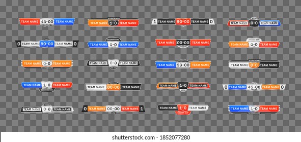 Sport scoreboard with time and result display. Scoreboard broadcast graphics and lower third template for sport soccer and football. Soccer score graphic for playing football. Vector illustration.