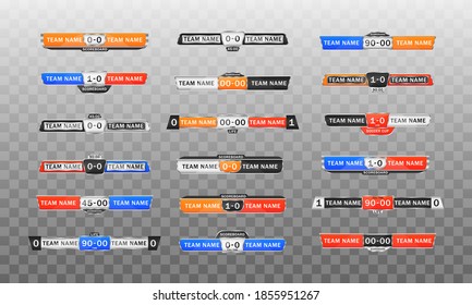 Sport scoreboard with time and result display. Soccer score graphic for playing football. Scoreboard broadcast graphics and lower third template for sport soccer and football. Vector illustration.