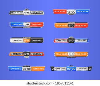 Sport scoreboard with time and result display. Soccer score graphic for playing football. Scoreboard broadcast graphics and lower third template for sport soccer and football. Vector illustration.