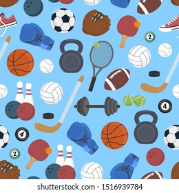 Sport. Seamless background. Set of sports balls and game items for sports. Healthy lifestyle. Vector illustration
