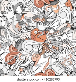 Sport seamless pattern with basketball doodle objects in red and white colors. Cartoon outline style for textile, poster, advertisement