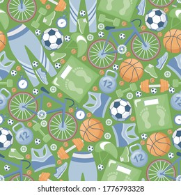 Sport seamless pattern. Sport clothes, bike, dumbbell, and scales vector flat illustration. Fitness, pilates, active recreation, healthy lifestyle background design