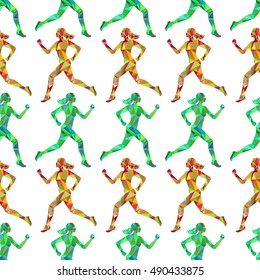 Sport seamless pattern with colorful polygomal running women. Vector illustration