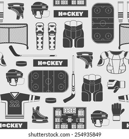 Sport seamless pattern with hockey flat style icons in black and white colors.