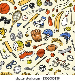 Sport Seamless pattern. Icons doodle style. Equipment for fitness and training. Symbols of health and activity. Tennis and football, basketball. Games for the gym. Background for web site.