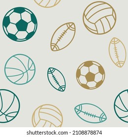 Ilustración de patrones deportivos sin costura con elementos planos de voleibol, fútbol americano, fútbol, baloncesto de baloncesto, jade de terciopelo paleta de color verde