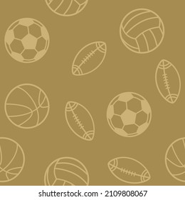 Sport seamless pattern  illustration with flat elements of volleyball, American football, soccer, basketball balls, velvet jade green color palette