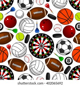 Sport seamless pattern on white background with soccer and american football, basketball and baseball, volleyball and tennis, bowling and billiards balls, hockey pucks, darts arrows and target boards