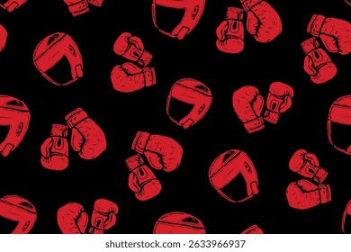 Sport seamless pattern with Red boxing equipment, boxing gloves and headgear helmet on black background. Sport hand-drawn ornament for boys fashion, streetwear textile, dynamic fight style print